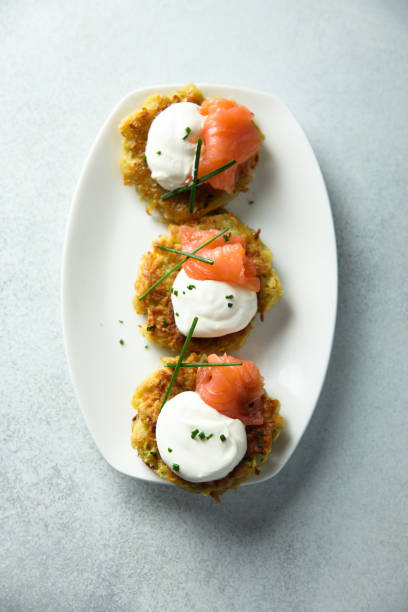 istock Potato pancakes or lakes with salmon 1373268440