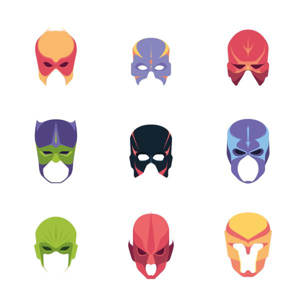 illustrazioni stock, clip art, cartoni animati e icone di tendenza di maschera dell'eroe. volti di potenti eroi super costumi testa caschi colorati vendicatori comici sgargianti vettoriale maschera piatta - mask superhero heroes men