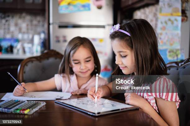 Children Painting Pictures At Home Stock Photo - Download Image Now - Child, Graphics Tablet, Digital Tablet