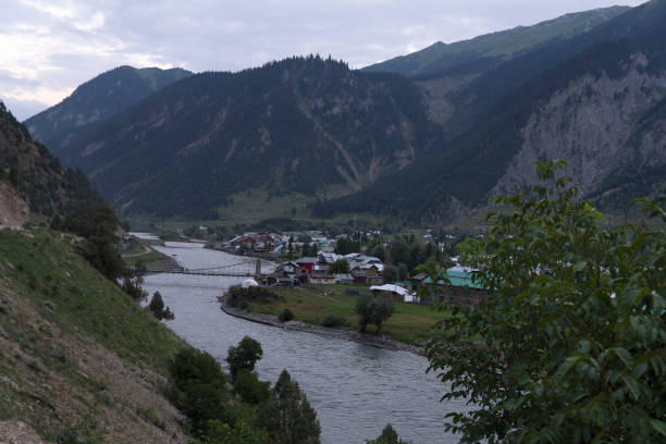 Davar valley with river and houses, Gurez, Kashmir, India stock photo