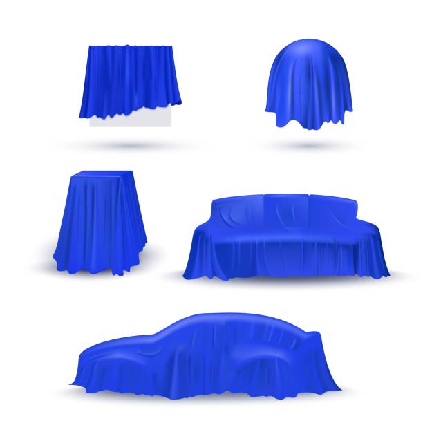 istock Objects in blue cloth drapery set. Silk fabric covering gifts for surprise reveal vector illustration. Hidden car, sofa, table, circle under veil. Mysterious presentation event 1373272118