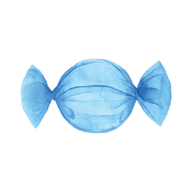 watercolor candy in blue wrapper - karamel illüstrasyonlar stock illustrations