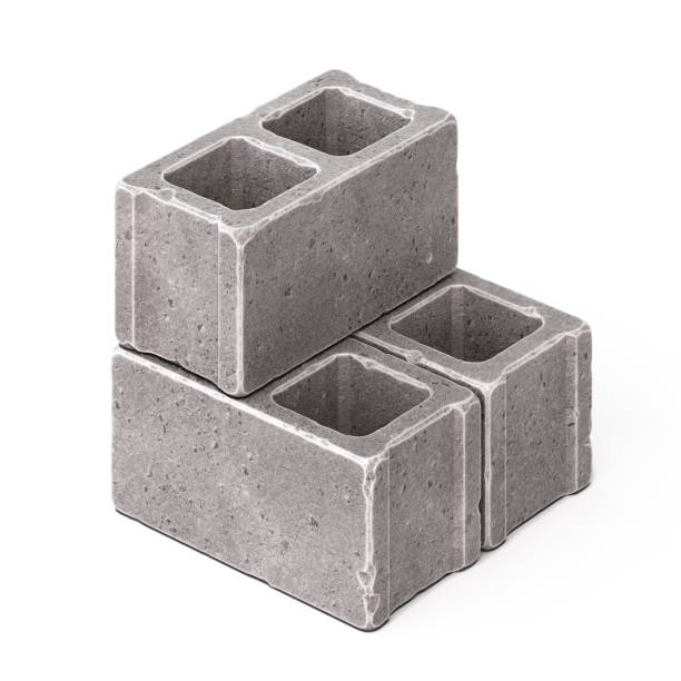 blocos de cimento cinza, alvenaria de concreto se unem, isolados em fundo branco 3d renderização - cinder block - fotografias e filmes do acervo