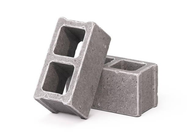 bloques de cemento gris, mampostería de hormigón unidos, aislado sobre fondo blanco renderizado 3d - bloque de cemento fotografías e imágenes de stock