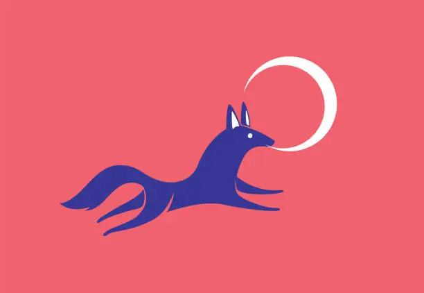 Vector illustration of wolf running and holding crescent moon