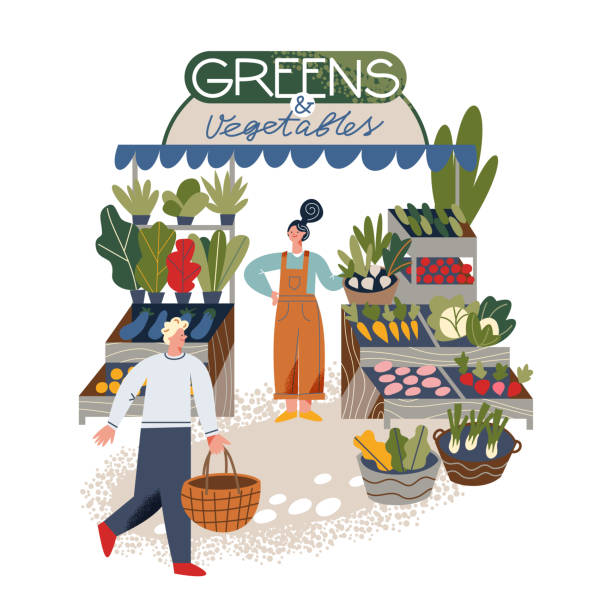 ilustrações de stock, clip art, desenhos animados e ícones de small grocery shop in local food market with greengrocer, customer with basket buying - farmers market illustrations