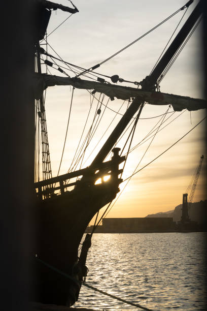 almeria, spain, october 18th 2019: the v centenary maritime festival. replica of the ship "nao victoria" and "andalusian galleon" - sailing ship nautical vessel rigging industrial ship imagens e fotografias de stock