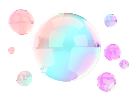 A 3D image of a rainbow-colored soap bubble.
3D illustration of aurora color bubbles.