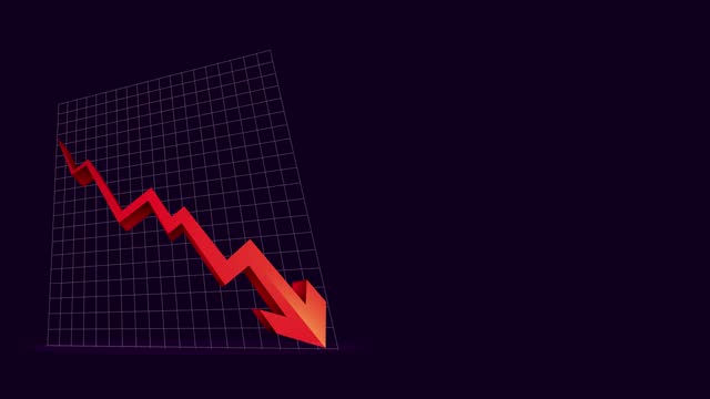 Arrow downward animated icon. Economic simple moving arrow stock video stock video - Animation footage of Graph showing fluctuated downward trend, downward red arrow chart stock video on black (overlay alpha channel) background