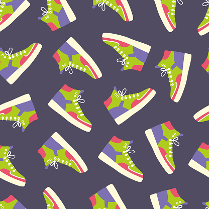 Shoe, footwear. Color high-top sneakers. Seamless pattern. Basketball shoes. Retro style sport shoes. Background. Wallpaper. Lace-up shoes. Colorful Isolated flat drawing vector illustration.