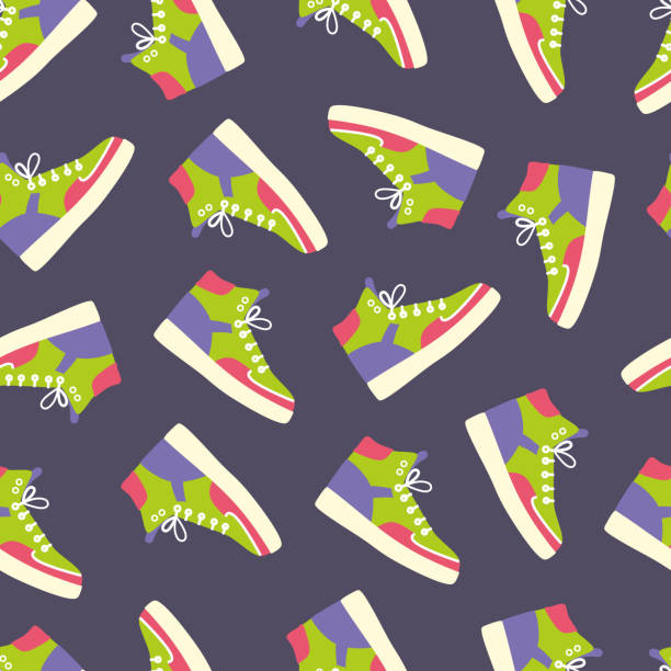 Shoe, footwear. Color high-top sneakers. Seamless pattern. Basketball shoes. Retro style sport shoes. Shoe, footwear. Color high-top sneakers. Seamless pattern. Basketball shoes. Retro style sport shoes. Background. Wallpaper. Lace-up shoes. Colorful Isolated flat drawing vector illustration. high tops stock illustrations