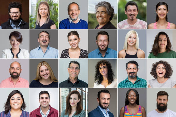 headshot portraits of diverse smiling real people - mozaïek stockfoto's en -beelden