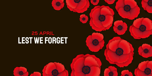 anzac-tag mit leuchtend roter mohnblume im papierschnitt-stil. damit wir es nicht vergessen. nationaler gedenktag in australien und neuseeland. 25. april. platz für text. - lest we forget stock-grafiken, -clipart, -cartoons und -symbole