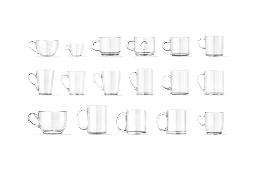 Blank glass mug mock up, different types, front view, 3d rendering. Empty transparent crystal utensil mockup, isolated. Clear d-handle, barrel, bistro, cone, stacking, jumbo, cylindrical cup template.