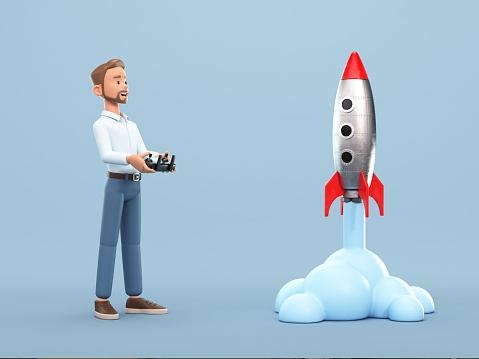 Happy businessman launching a rocket up. Business startup concept, Launching of a new company or product. 3d rendering