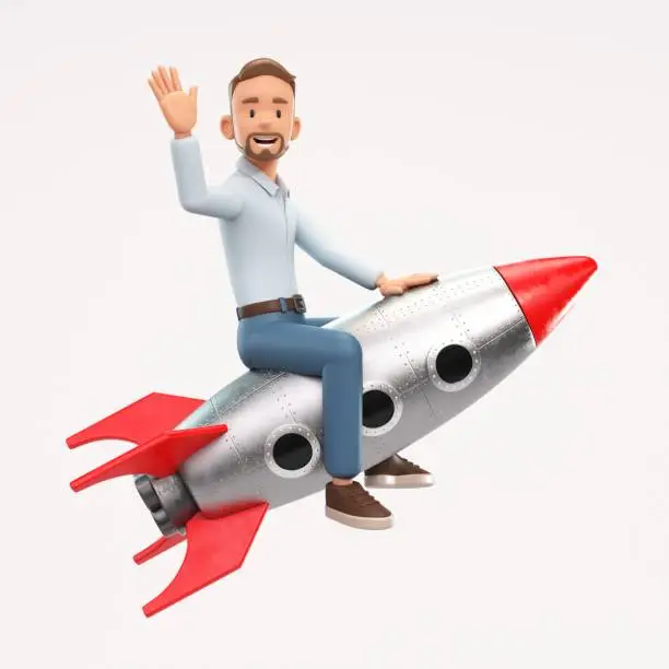 Photo of Happy businessman flying on a rocket up. Business startup concept, Launching of a new company or product. 3d rendering