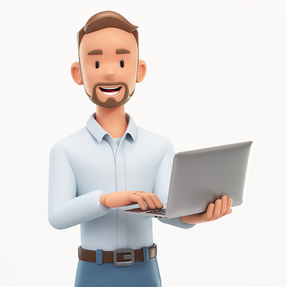 Standing happy man holding laptop. Cartoon smiling businessman using computer, digital marketing, data science concept, 3d rendering