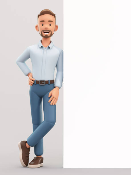 istock Cartoon man leaning on a blank presentation or information board, smiling businessman with advertising placard, 3d rendering 1373281219
