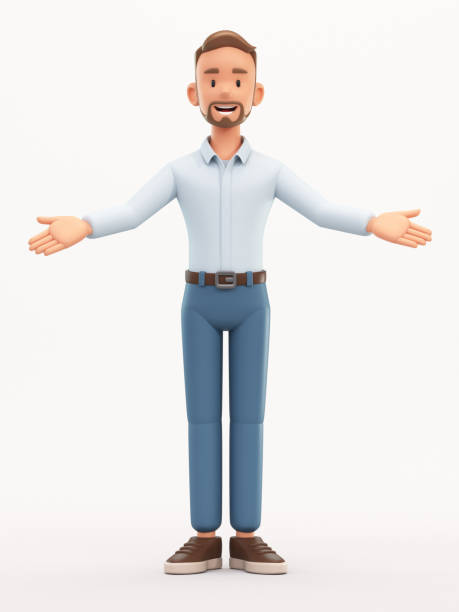 Standing smiling man with open hands gesture. Cartoon happy businessman with welcoming hand gesture isolated on white background, 3d rendering stock photo