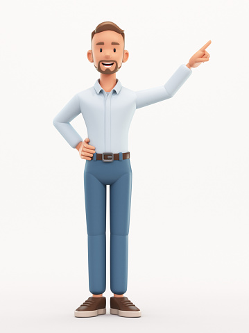 Standing smiling man pointing finger at direction. Cartoon happy businessman isolated on white background, 3d rendering