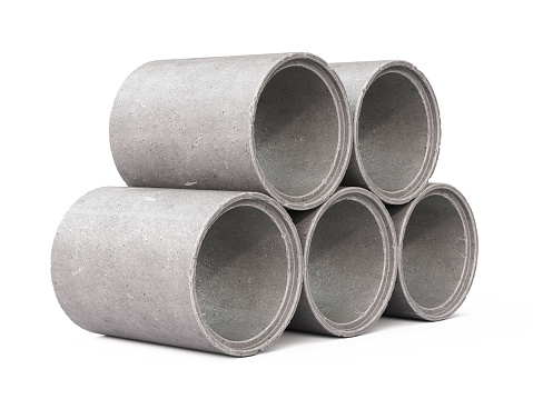 Stack of concrete pipes for building construction and pipeline isolated on white background 3d rendering