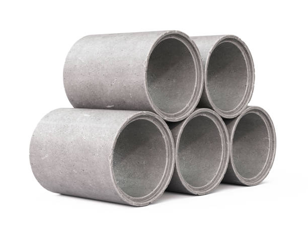 Stack of concrete pipes for building construction and pipeline isolated on white background 3d rendering stock photo