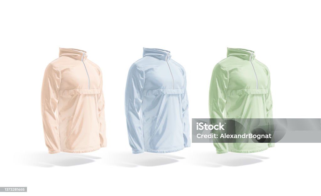 Blank colored windbreaker mock up, side view Blank colored windbreaker mock up, side view, 3d rendering. Empty pink, blue and green windbreak coat mockup, isolated. Clear waterproof synthetic bomber or raincoat template. Bomber Jacket Stock Photo