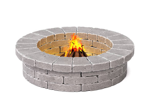 stone fire pit isolated on white background 3d rendering - fire pit campfire bonfire fire imagens e fotografias de stock