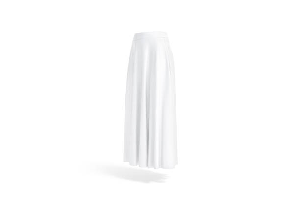 Blank white women maxi skirt mockup, side view Blank white women maxi skirt mockup, side view, 3d rendering. Empty jersey asymmetric or tube dress mock up, isolated. Clear female elegant or casual garment for summer outfit template. sarong stock pictures, royalty-free photos & images