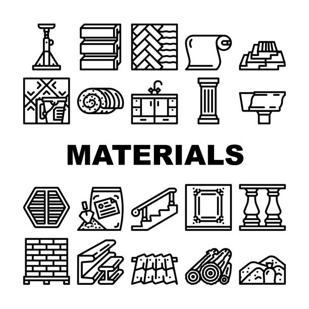 Building Materials And Supplies Icons Set Vector Building Materials And Supplies Icons Set Vector. Brick And Sand, Lumber And Plywood, Flooring And Roof Building Materials Line. Kitchen And Bath Cabinets Furniture Black Contour Illustrations siding stock illustrations