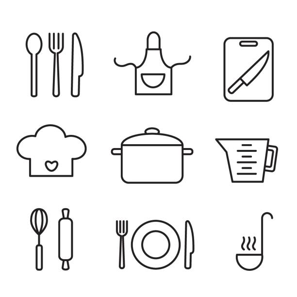 Cooking outline icons. Kitchen apron, cutting board with knife, whisk and rolling pin for dough. Chiefs hat, beaker and cooking pan. Food prepare and restaurant concept. Line set Cooking outline icons. Kitchen apron, cutting board with knife, whisk and rolling pin for dough. Chiefs hat, beaker and cooking pan. Food prepare and restaurant concept. Line set chiefs stock illustrations