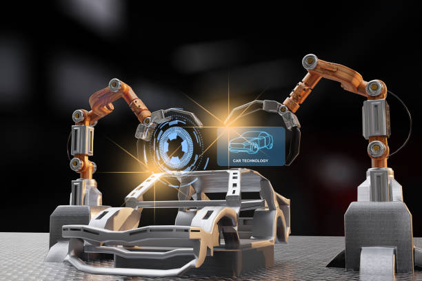 Car production processing service in factory robot hi tech robotic AI control arm hand robot artificial for car technology in garage dealership with tech hand cyborg 2022 3D RENDER servicio de procesamiento de producción de automóviles en la fábrica robot de alta tecnología robótica ai brazo de control mano robot artificial para tecnología de automóviles en concesionario de garaje con tecnología mano cyborg 2022 3d render