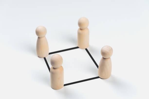istock Wooden peg dolls are connected together with lines on white background. Teamwork, Leadership, Business, human resource management Concept 1373285832