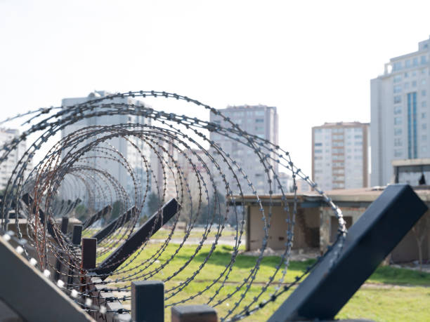 barbed wire - razor wire imagens e fotografias de stock