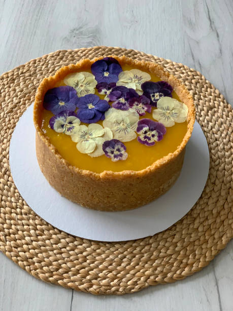 istock Classic cheese cake New York with mango jelly and violets 1373288053