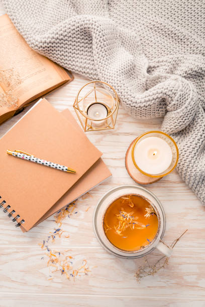 istock Hot herbal tea with notepad, candle, book and blanket 1373288982