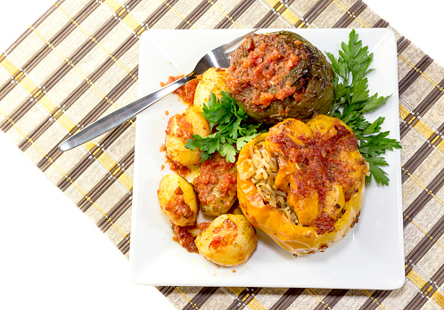 Thesweet peppers stuffed with vegetables and potatoes (Greek cuisine)