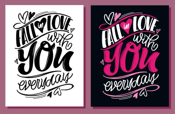Vector illustration of Lettering hand drawn postcard about love. Love poster with hearts.