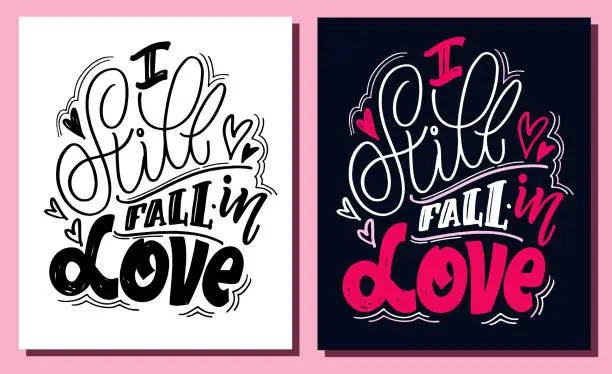 Vector illustration of Lettering hand drawn postcard about love. Love poster with hearts.