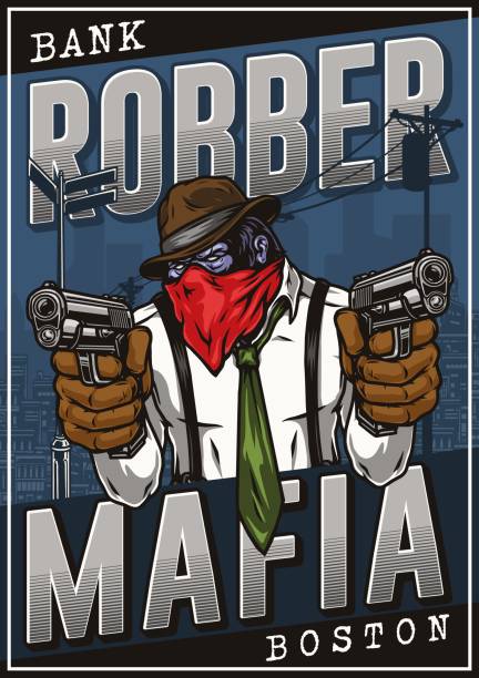 Gorilla robber in city poster Vintage colorful vertical poster with gorilla robber with mouth covered with kerchief holding pistols against cityscape, vector illustration mob boss stock illustrations