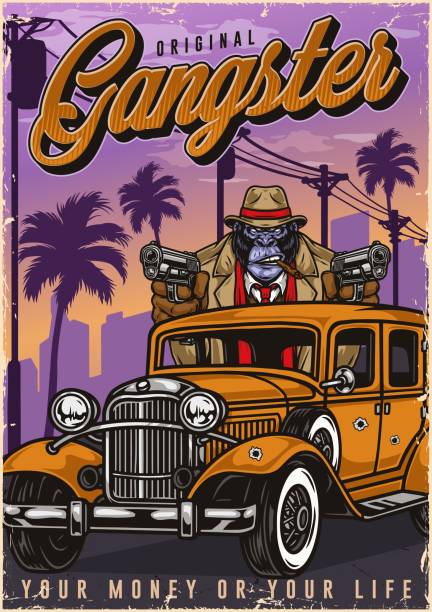 Brutal gorilla with guns poster Vintage colorful vertical poster with brutal gorilla gangster with guns riding retro car against silhouette of skyscrapers and palms, vector illustration mob boss stock illustrations