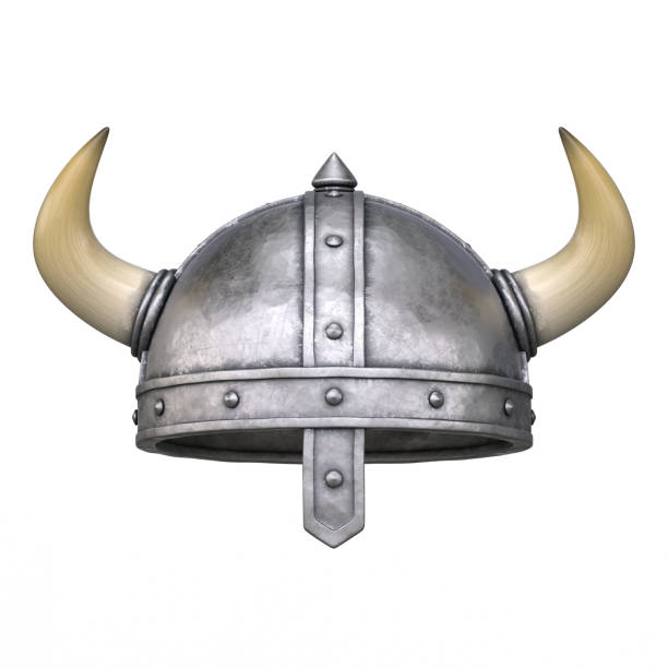 Viking helmet front view, medieval helmet with horns on white background 3d rendering stock photo