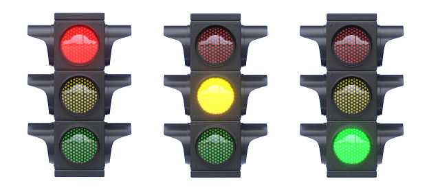 Red, yellow and green traffic lights isolated on white background 3d rendering