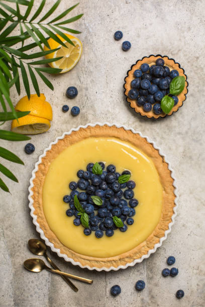 istock Tart with blueberries and lemon curd on grey stone table. Top view. Vertical image. 1373294271