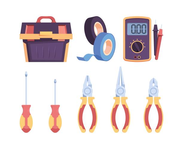 illustrations, cliparts, dessins animés et icônes de outils électriques. compteur de tension de puissance numérique équipement de réparation électricien ingénieurs articles criard vecteur plat coloré ensemble - pliers