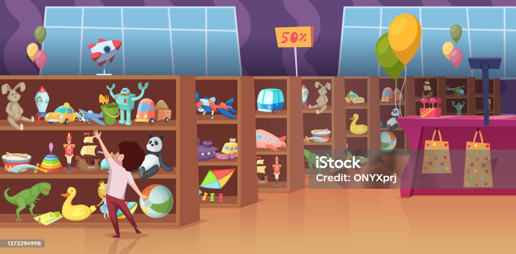 Toy Store Interior Of Game Store For Kids Happy Children Select Different  Toys Present Shelves Soft Animals Robots Transport Bricks Exact Vector  Cartoon Background Stock Illustration - Download Image Now - iStock