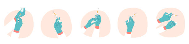 zestaw rąk lekarza lub pielęgniarki ze strzykawką izolowaną na białym tle. dłonie w rękawiczkach trzymające tryskacz ze szczepionką - gloved hand stock illustrations