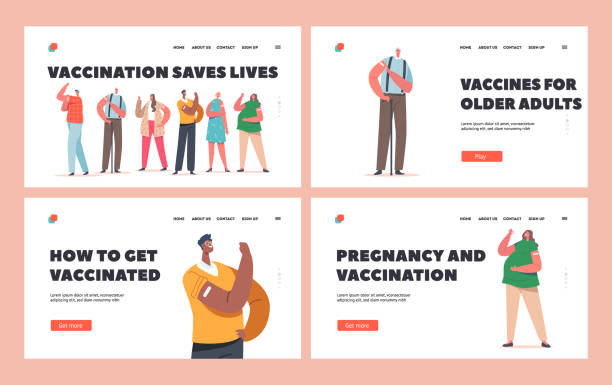 Diverse Male and Female Characters Vaccination, Immunization, Health Care Concept for Landing Page Template Set Diverse Male and Female Characters Vaccination, Immunization, Health Care Concept for Landing Page Template Set. Group of Vaccinated People Show Patch and Positive Gesture. Cartoon Vector Illustration senior getting flu shot stock illustrations