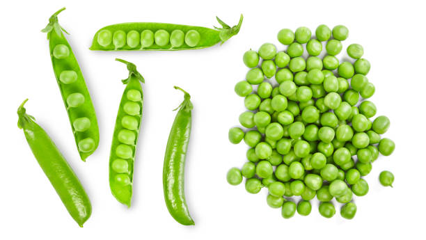 Green pea Seeds and pods of chick peas isolated on white background. green pea stock pictures, royalty-free photos & images