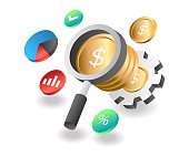 istock Flat isometric concept illustration. magnifying glass make money with investment business 1373297173